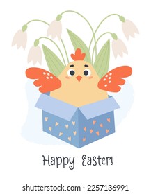 Cute chicken in gift box with bouquet of spring flowers snowdrops. Happy Easter greeting card. Vector illustration in cartoon flat style