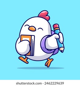 Ilustración del icono del Vector de dibujos animados del pollo lindo que va al colegio. Icono de Educación animal concepto de Vector Premium aislado. Estilo plano de dibujos animados