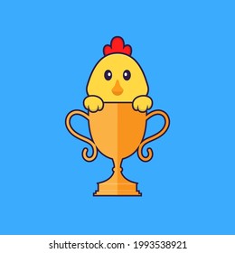 Cute chicken with gold trophy. Animal cartoon concept isolated. Can used for t-shirt, greeting card, invitation card or mascot.