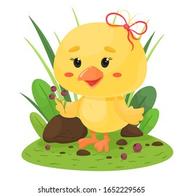 Cute chicken in the grass with a sprig of berries. Vector illustration in cartoon flat style.
