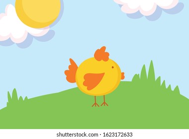 cute chicken in the grass sun clouds farm animal cartoon vector illustration