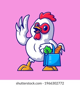 Cute Chicken Groceries Shopping Cartoon Vector Icon Illustration. Animal Food Icon Concept Isolated Premium Vector. Flat Cartoon Style