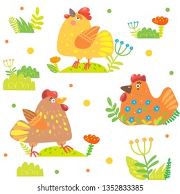 Cute chicken hand drawn color vector seamless pattern. Chickens cartoon texture. Web, wrapping paper, textile,background fill.
