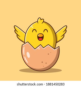 Cute chicken hatching, cracked eggs, and newborn chicken. Cute character, mascot, animal, kawaii, smile, and happy. Animal icon concept illustration. Flat cartoon vector illustration isolated.
