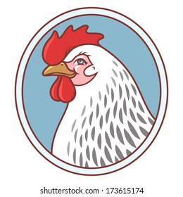 Cute chicken head in emblem isolated on white.  