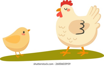 Cute chicken with hen in the meadow. Vector illustration.