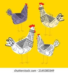 Cute chicken hen rooster cartoon animal farm agriculture design flat vector illustration.