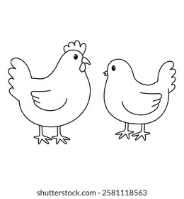 cute chicken hen and rooster outline for coloring illustration