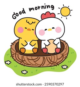 Cute chicken and hen stay in bird nest on flower garden.Good morning text.Sun.Farm bird animal character cartoon design.Kawaii.Vector.Illustration.