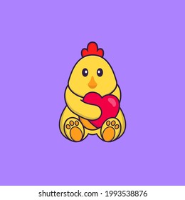Cute chicken holding a big red heart. Animal cartoon concept isolated. Can used for t-shirt, greeting card, invitation card or mascot.