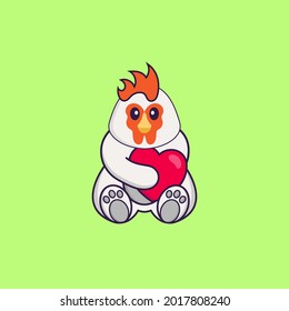 Pollo lindo sosteniendo un gran corazón rojo. El concepto de caricatura animal aislado. Puede usarse para camisetas, tarjetas de felicitación, tarjetas de invitación o mascota.