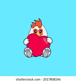 Cute chicken holding a big red heart. Animal cartoon concept isolated. Can used for t-shirt, greeting card, invitation card or mascot.
