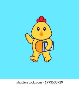 Cute chicken holding a book. Animal cartoon concept isolated. Can used for t-shirt, greeting card, invitation card or mascot.