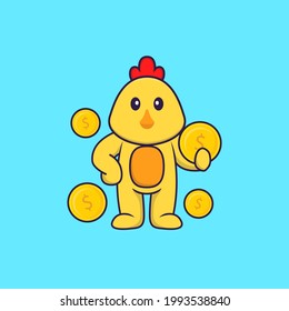 Cute chicken holding coin. Animal cartoon concept isolated. Can used for t-shirt, greeting card, invitation card or mascot.