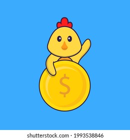 Cute chicken holding coin. Animal cartoon concept isolated. Can used for t-shirt, greeting card, invitation card or mascot.