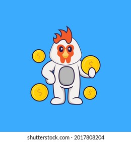 Cute chicken holding coin. Animal cartoon concept isolated. Can used for t-shirt, greeting card, invitation card or mascot.