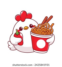 Cute chicken holding a cup of spicy instant noodles mascot logo