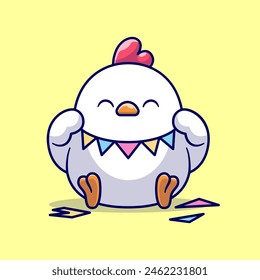 Cute Chicken Holding Decoration Party Birthday Cartoon Vector Icon Illustration. Animal Holiday Icon Concept Isolated Premium Vector. Flat Cartoon Style