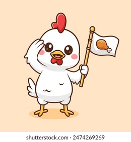 Ilustración Del Icono Del Vector De Dibujos Animados Del Pollo Lindo Que Sostiene La Bandera Y Respeto. Concepto de ícono de comida animal Vector Premium aislado. Estilo plano de dibujos animados