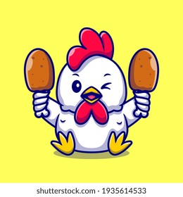 Cute chicken Holding Fried Chicken Cartoon Vector Icon Illustration. Animal Food Icon Concept Isolated Premium Vector. Flat Cartoon Style