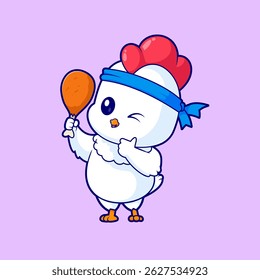 Cute Chicken Holding Fried Chicken Cartoon Vector Icon Illustration. Animal Food Icon Concept Isolated Premium Vector. Flat Cartoon Style