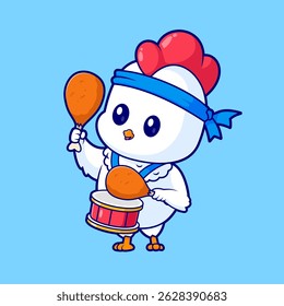 Cute Chicken Holding Fried Chicken With Drum Cartoon Vector Icon Illustration. Animal Food Icon Concept Isolated Premium Vector. Flat Cartoon Style