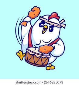 Frango Bonito Segurando Frango Frito Com Tambor Desenho Animado 
Ilustração De Ícone De Vetor. Conceito de ícone de alimento animal isolado 
Vetor Premium. Estilo de Desenho Animado Plano 