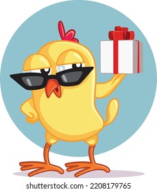 
Cute Chicken Holding a Gift Box Vector Cartoon Illustration. Small, adorable chick pet showing a wrapped surprise present

