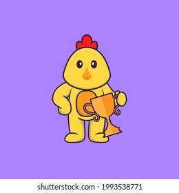 Cute chicken holding gold trophy. Animal cartoon concept isolated. Can used for t-shirt, greeting card, invitation card or mascot.