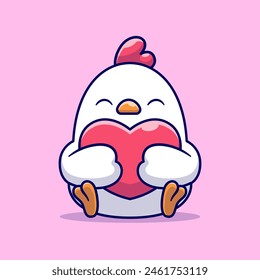 Cute Chicken Holding Love Heart Balloon Cartoon Vector Icon Illustration. Animal Holiday Icon Concept Isolated Premium Vector. Flat Cartoon Style