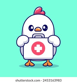 Cute Chicken Holding Medicine Storage Box Cartoon Vector Icon Illustration. Animal Medical Icon Concept Isolated Premium Vector. Flat Cartoon Style