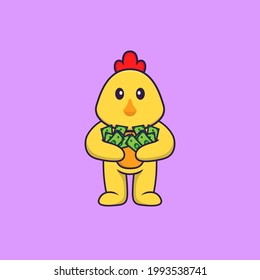 Cute chicken holding money. Animal cartoon concept isolated. Can used for t-shirt, greeting card, invitation card or mascot.