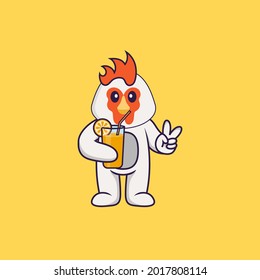 Cute chicken holding orange juice in glass. Animal cartoon concept isolated. Can used for t-shirt, greeting card, invitation card or mascot.
