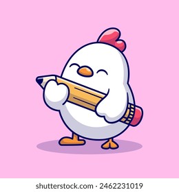 Cute Chicken Holding Pencil Cartoon Vector Icon Illustration. Animal Education Icon Concept Isolated Premium Vector. Flat Cartoon Style