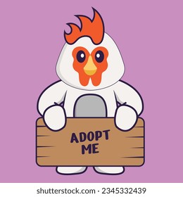 Cute chicken holding a poster Adopt me. Animal cartoon concept isolated. Can used for t-shirt, greeting card, invitation card or mascot
