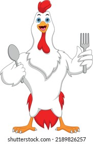 cute chicken holding spoon and fork cartoon