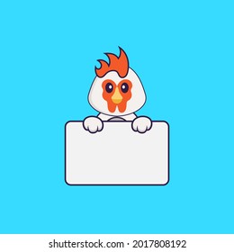 Cute chicken holding whiteboard. Animal cartoon concept isolated. Can used for t-shirt, greeting card, invitation card or mascot.