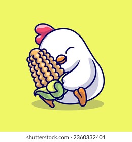 Cute Chicken Hug Corn Cartoon Vector Icon Illustration. Animal Food Icon Concept Isolated Premium Vector. Flat Cartoon Style