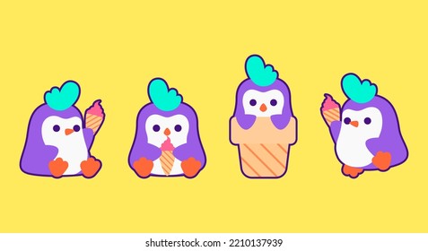 Cute chicken with ice cream cone in different action. Food icon animal concept. Mascot design illustration. Vector design character set