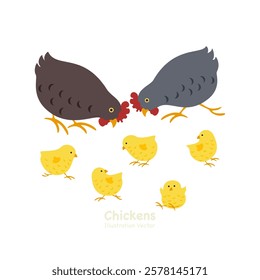 Cute chicken illustration, eggs, chicks, bright colors, poultry, poultry farm, isolated, vintage style cute cartoon Isolated on white background. 
Vector illustration.