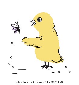 Cute chicken and insect drawn in cartoon style. Animal friendship vector illustration isolate. Ideal for nursery and children's room.