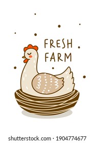Cute chicken isolated on white - cartoon hen character for happy farm design