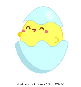 Cute chicken in kawaii style. Little baby chick in egg. Isolated clip art, sticker for Easter design