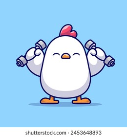 Cute Chicken Lifting Barbell Cartoon Vector Icon Illustration. Animal Sport Icon Concept Isolated Premium Vector. Flat Cartoon Style