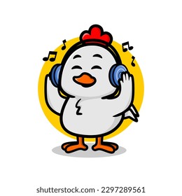 cute chicken listening music mascot illustration. kawaii animal vector illustration.