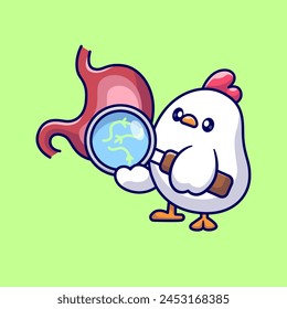 Cute Chicken Looking Stomach With Magnifying Glass Cartoon Vector Icon Illustration. Animal Science Icon Concept Isolated Premium Vector. Flat Cartoon Style