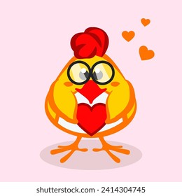 The cute chicken is in love and hugging a heart