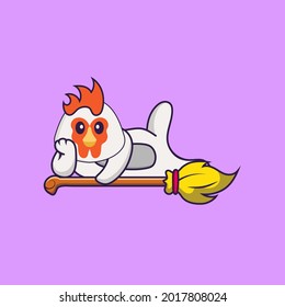 Cute chicken lying on Magic Broom. Animal cartoon concept isolated. Can used for t-shirt, greeting card, invitation card or mascot.