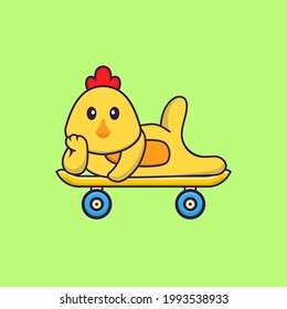 Cute chicken lying on a skateboard. Animal cartoon concept isolated. Can used for t-shirt, greeting card, invitation card or mascot.
