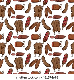 cute chicken meat with sausage in seamless pattern with white background